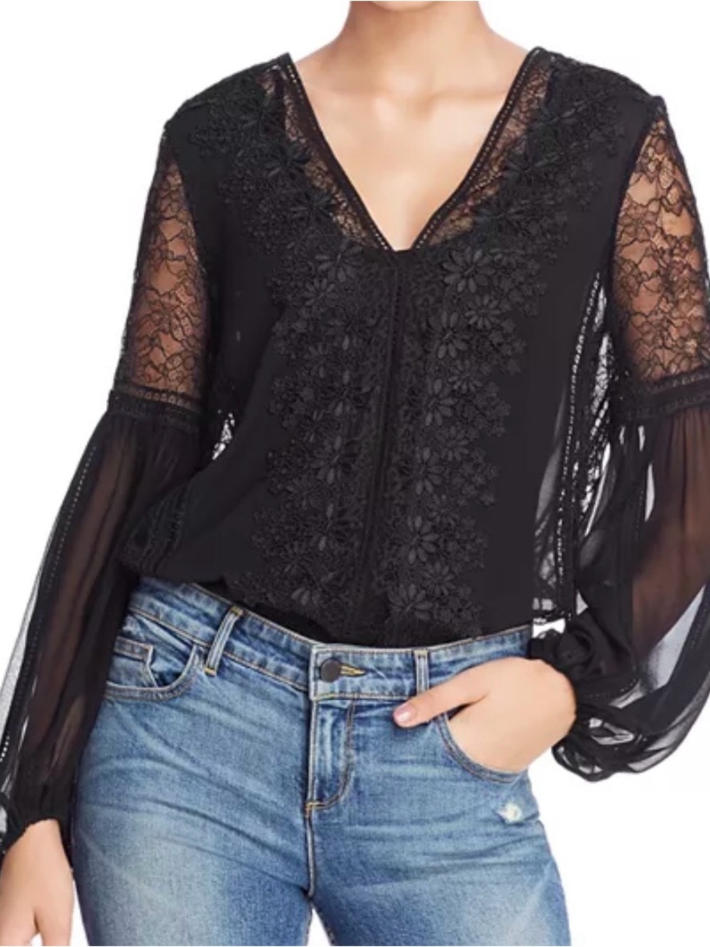 Alice and Olivia Silk Brea Lace Detail Ballon sleeve Blouse